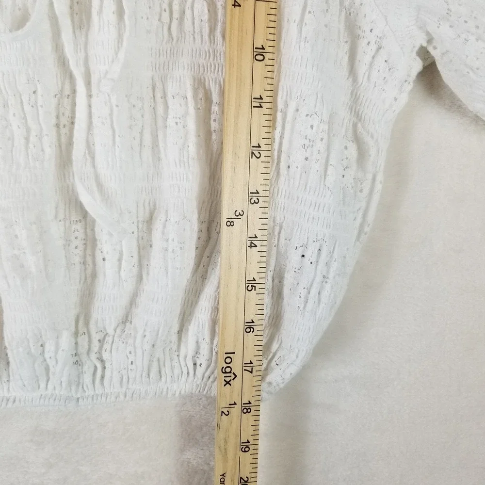 Zara Blouse Women Small White Eyelet Smocked Ruffle Neck Puff Sleeve Peasant Top